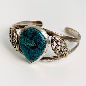 TURQUOISE Gemstone Sterling Silver Massive Cuff Bracelet Tear Drop 7 1/4”